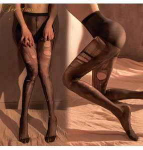 FEE ET MOI Ultra-Thin Ripped Stockings Sexy Pantyhose (Black)